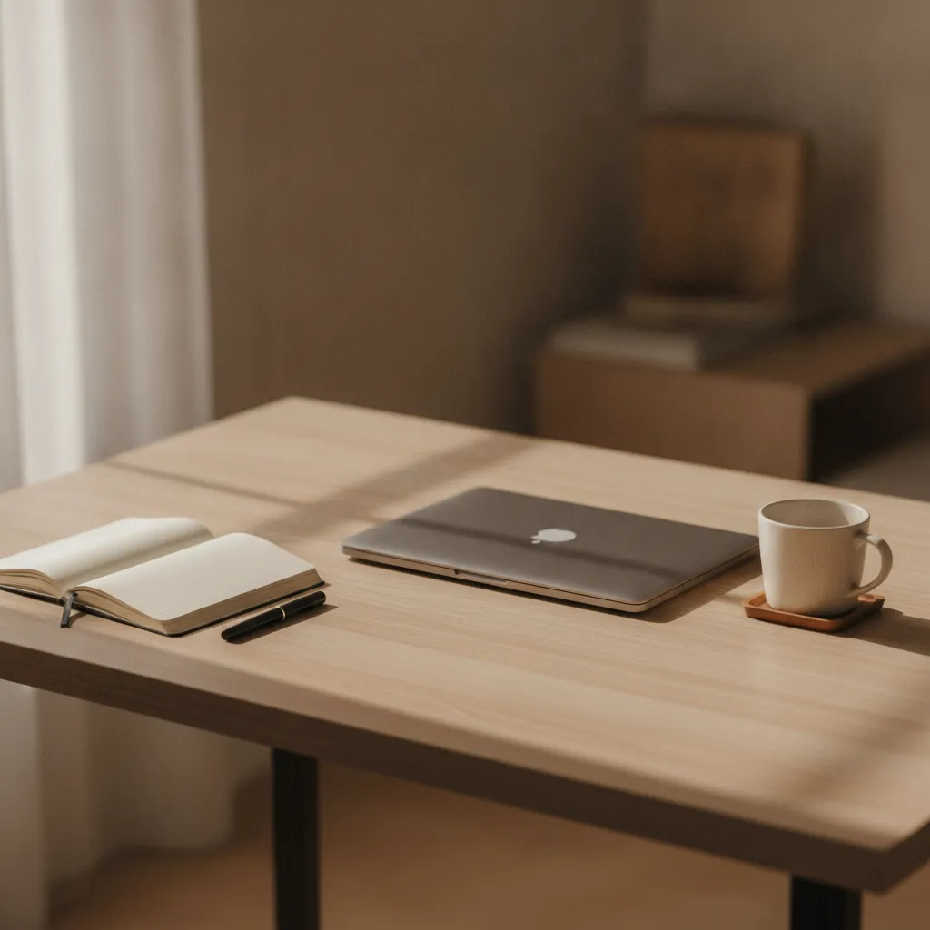 Ordinateur portable fermé, agenda et tasse de café sur un bureau en bois clair
